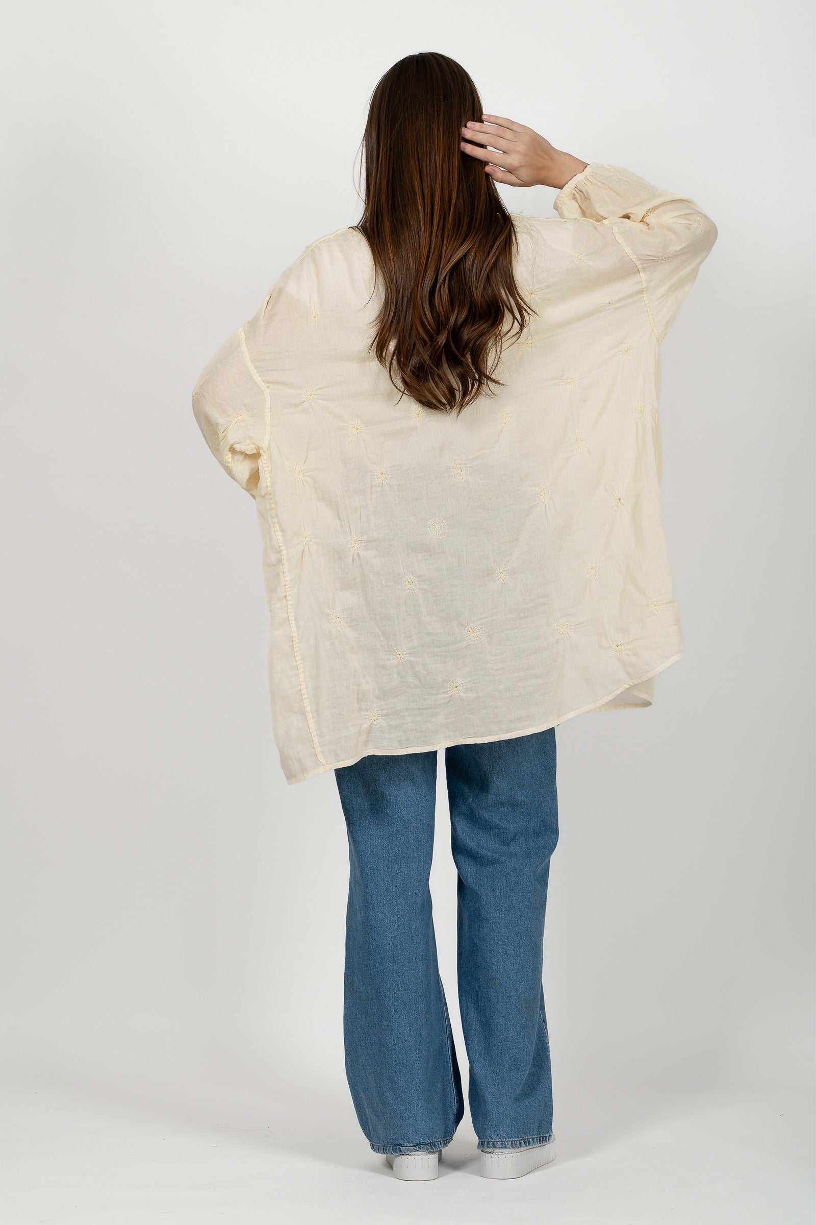 Gauze Shibori Garment Band Collar Oversized Shirt