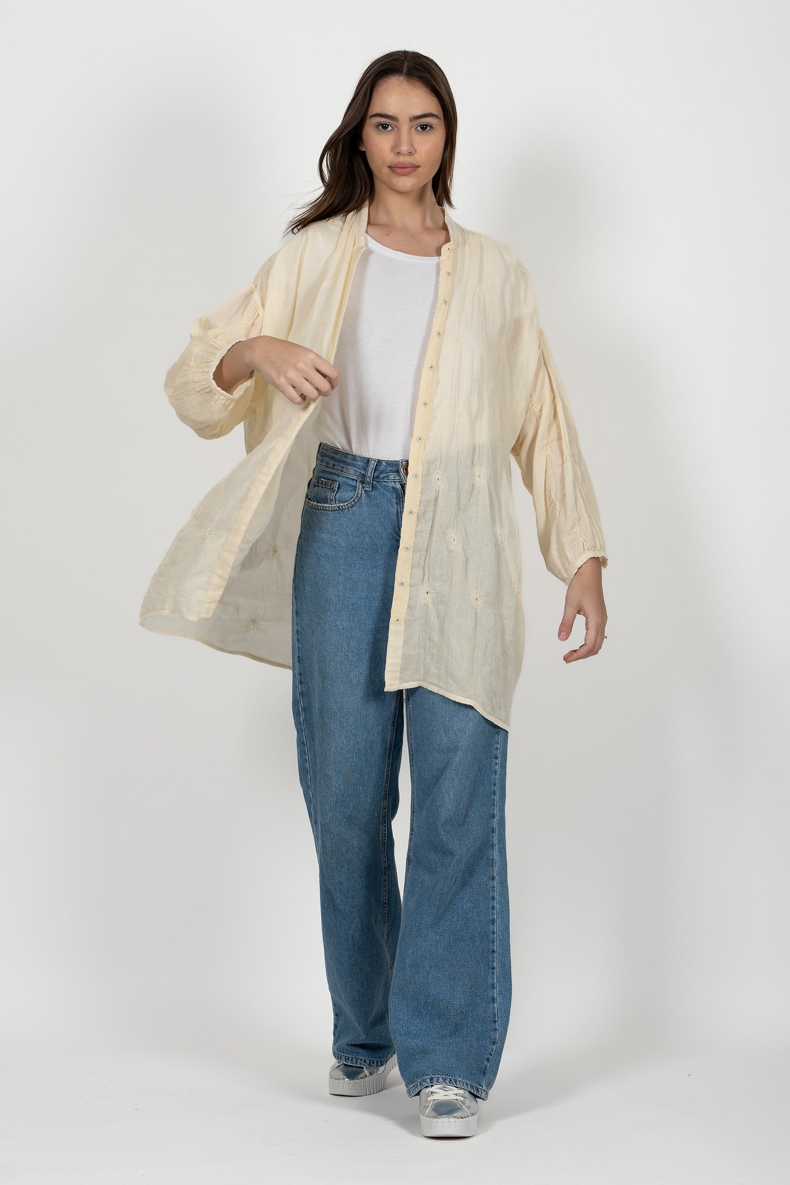 Gauze Shibori Garment Band Collar Oversized Shirt