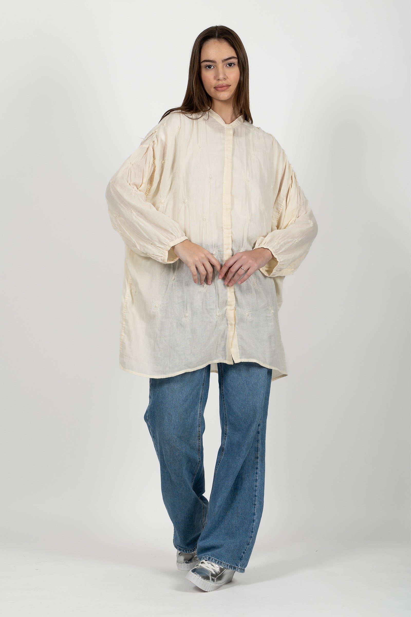 Gauze Shibori Garment Band Collar Oversized Shirt