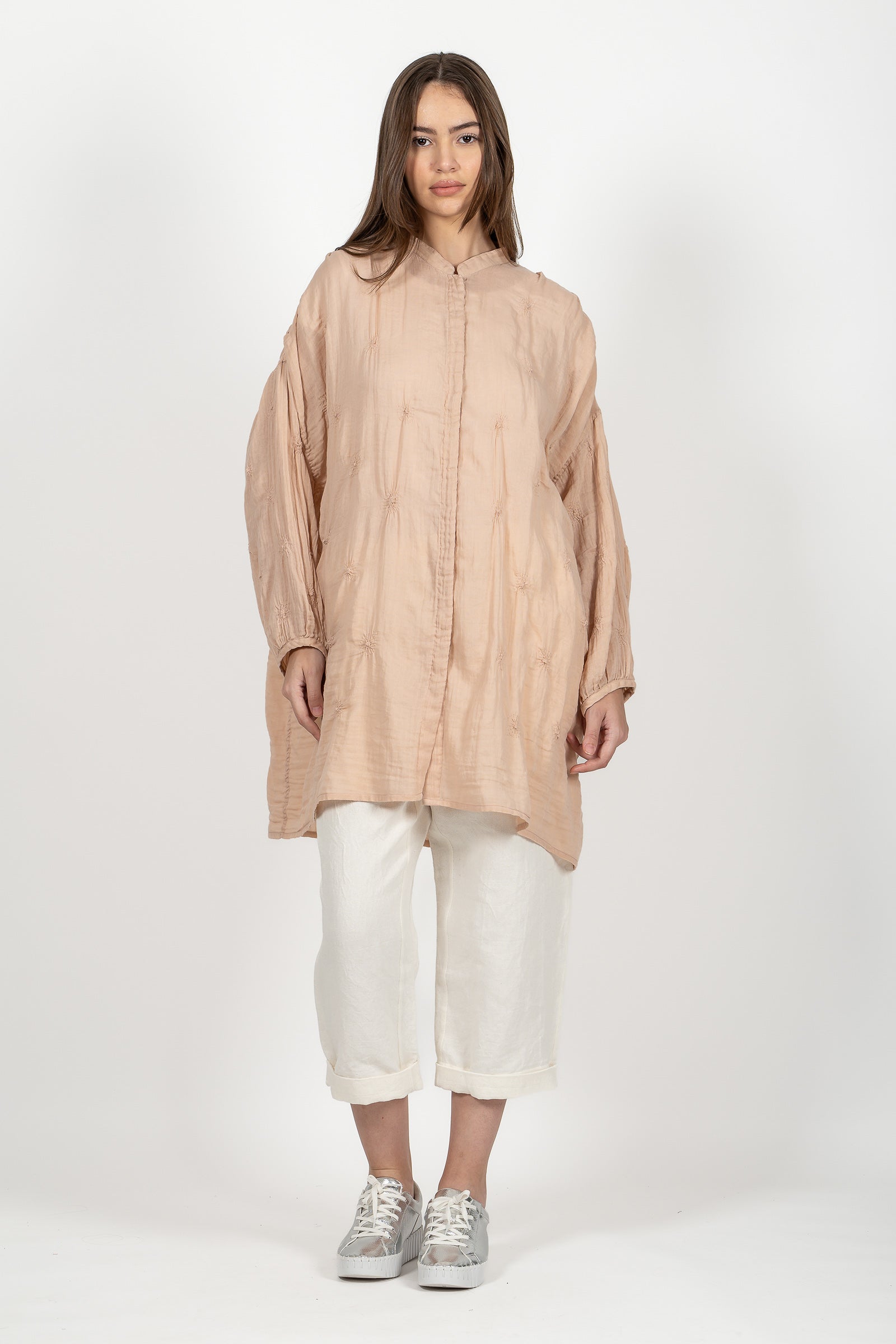 Gauze Shibori Garment Band Collar Oversized Shirt