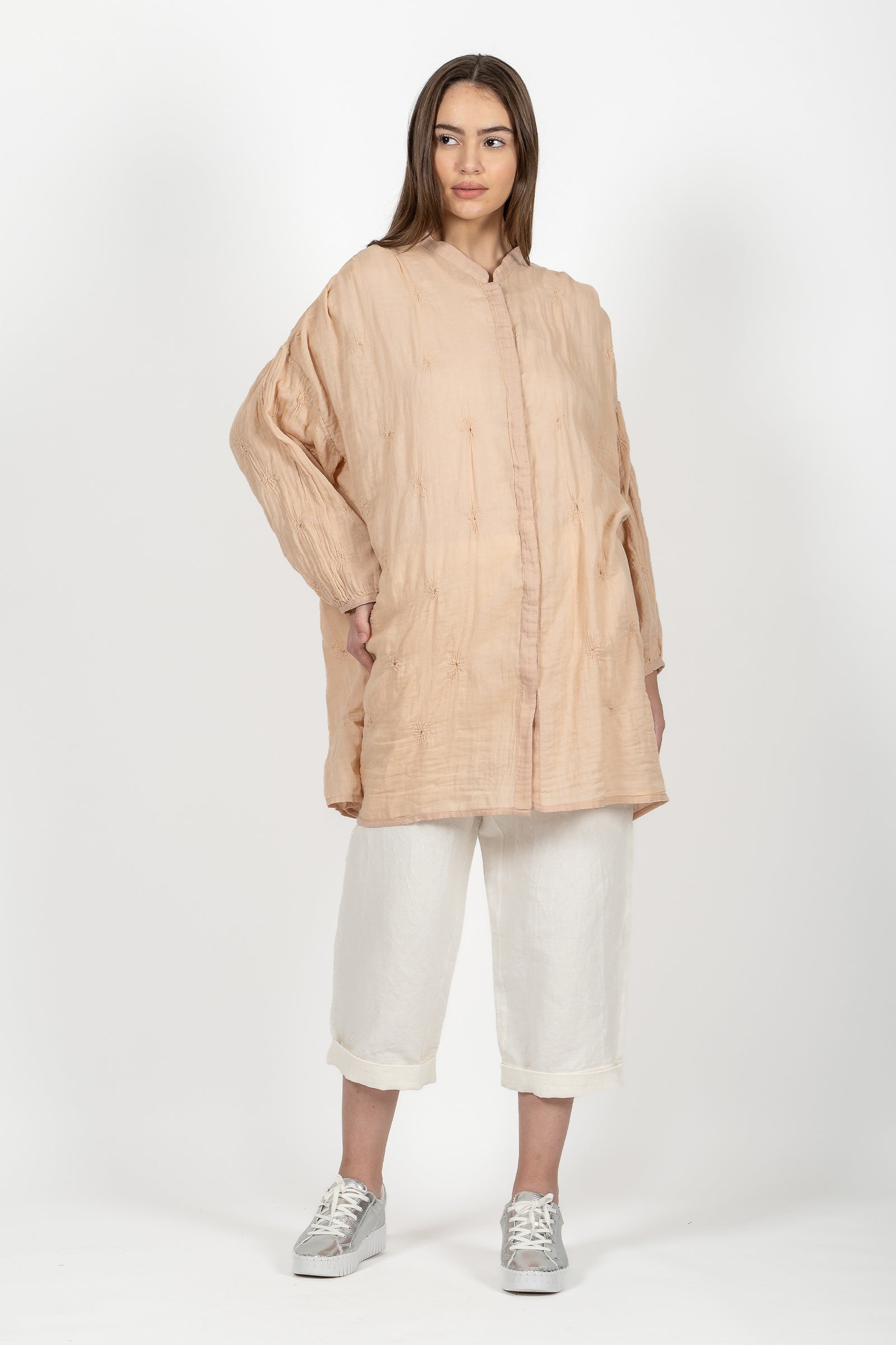 Gauze Shibori Garment Band Collar Oversized Shirt