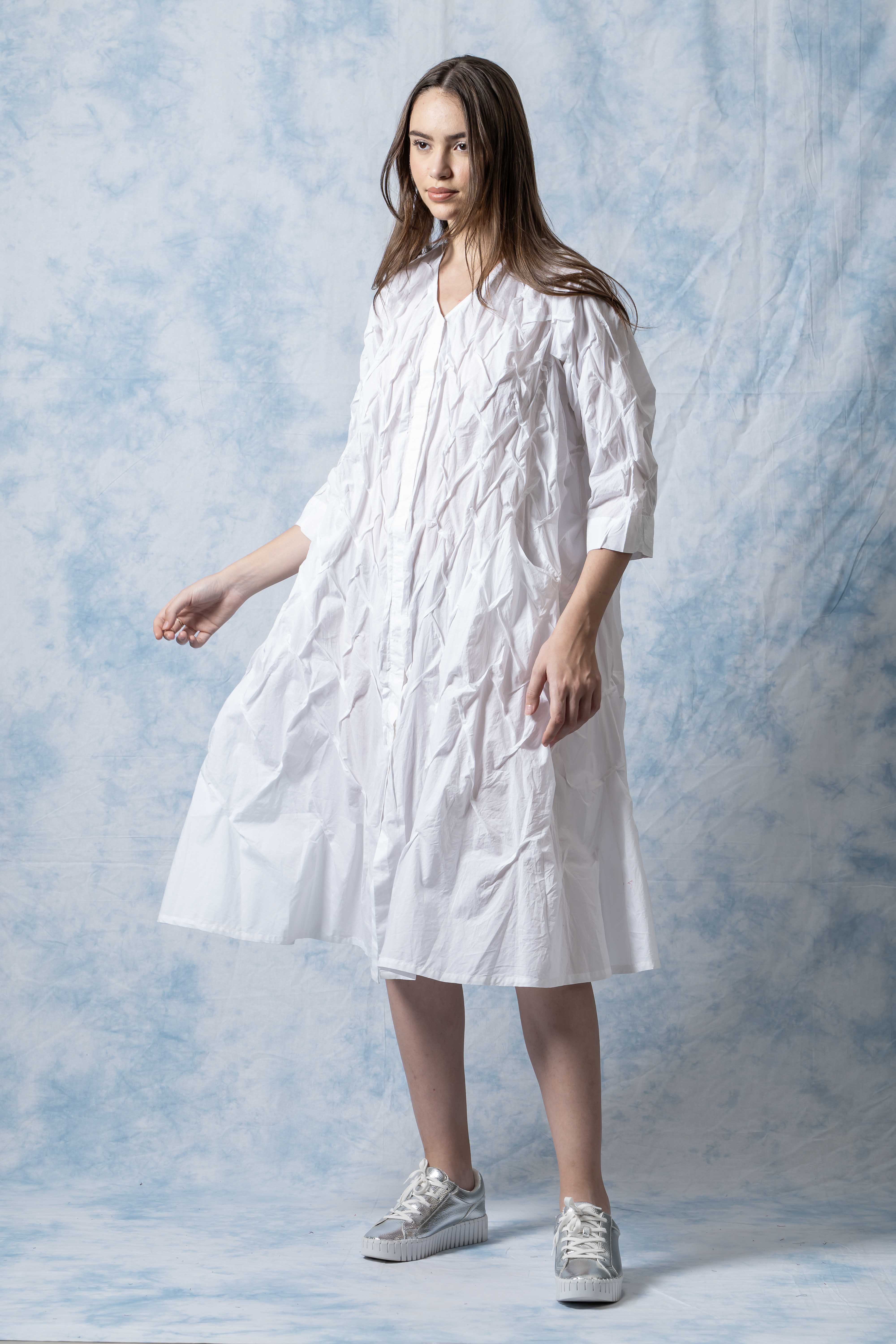 Polished Cotton Wavy Tuck A-Line Dress