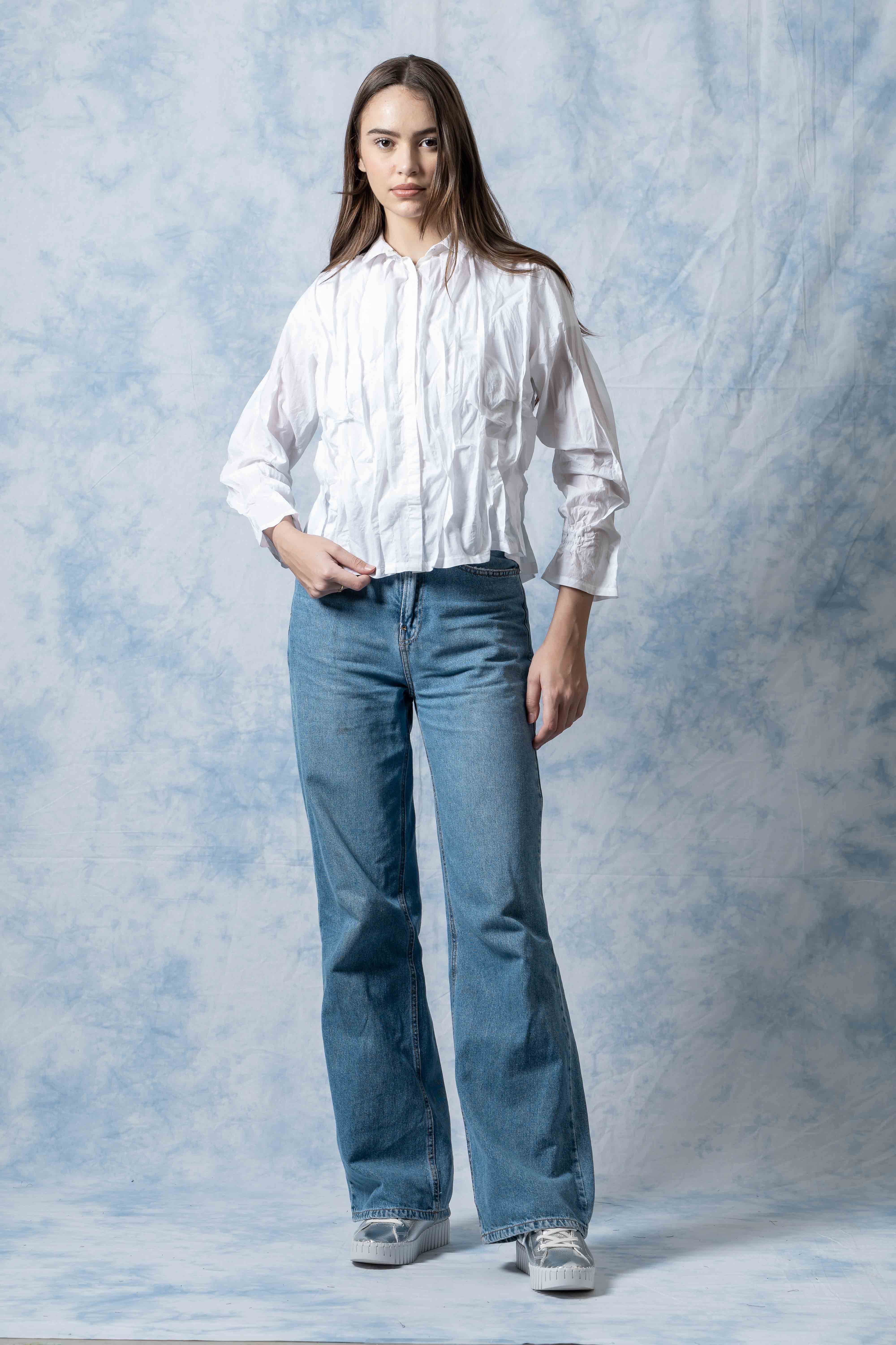 Polished Cotton Wavy Tuck Cropped Shirt