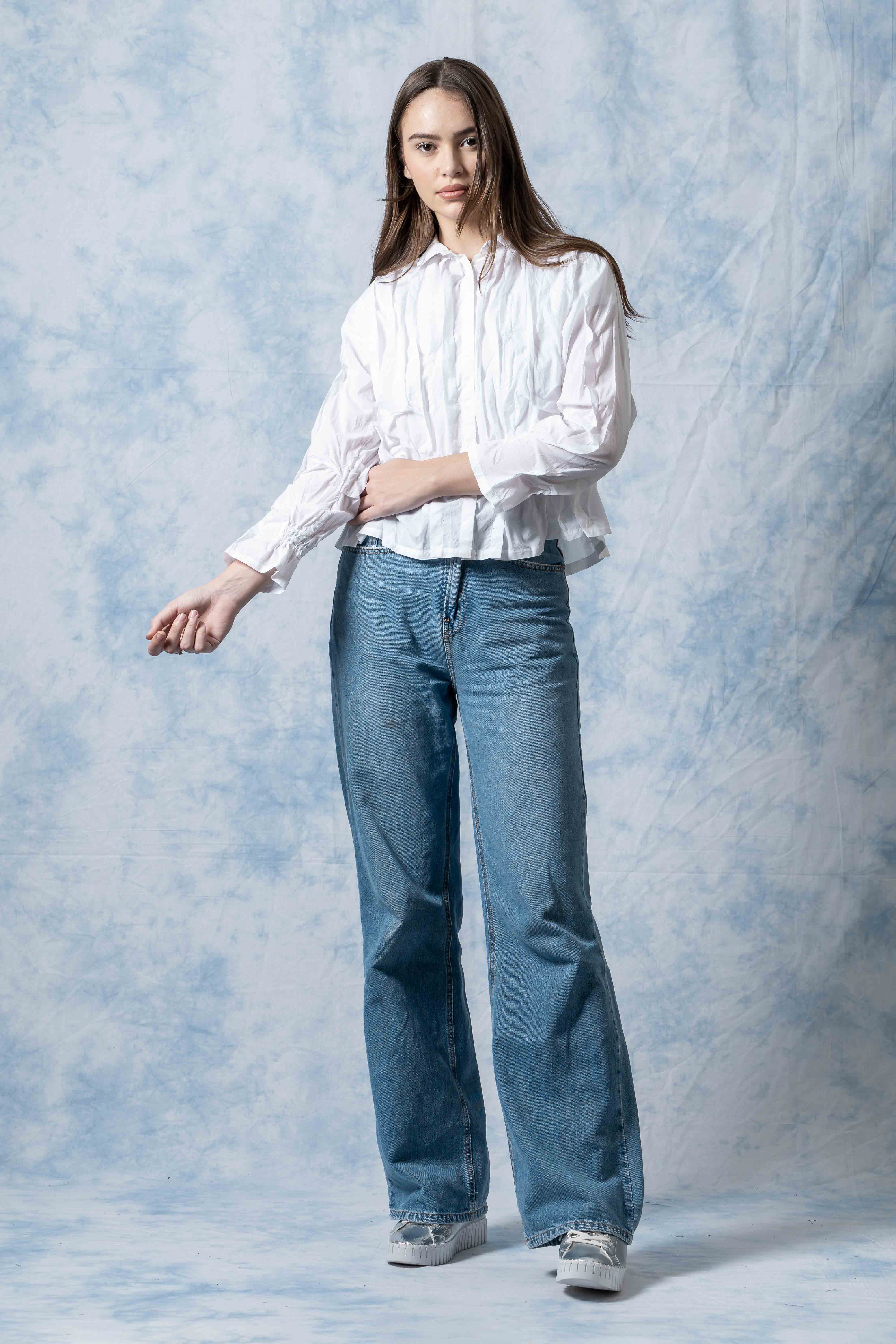 Polished Cotton Wavy Tuck Cropped Shirt