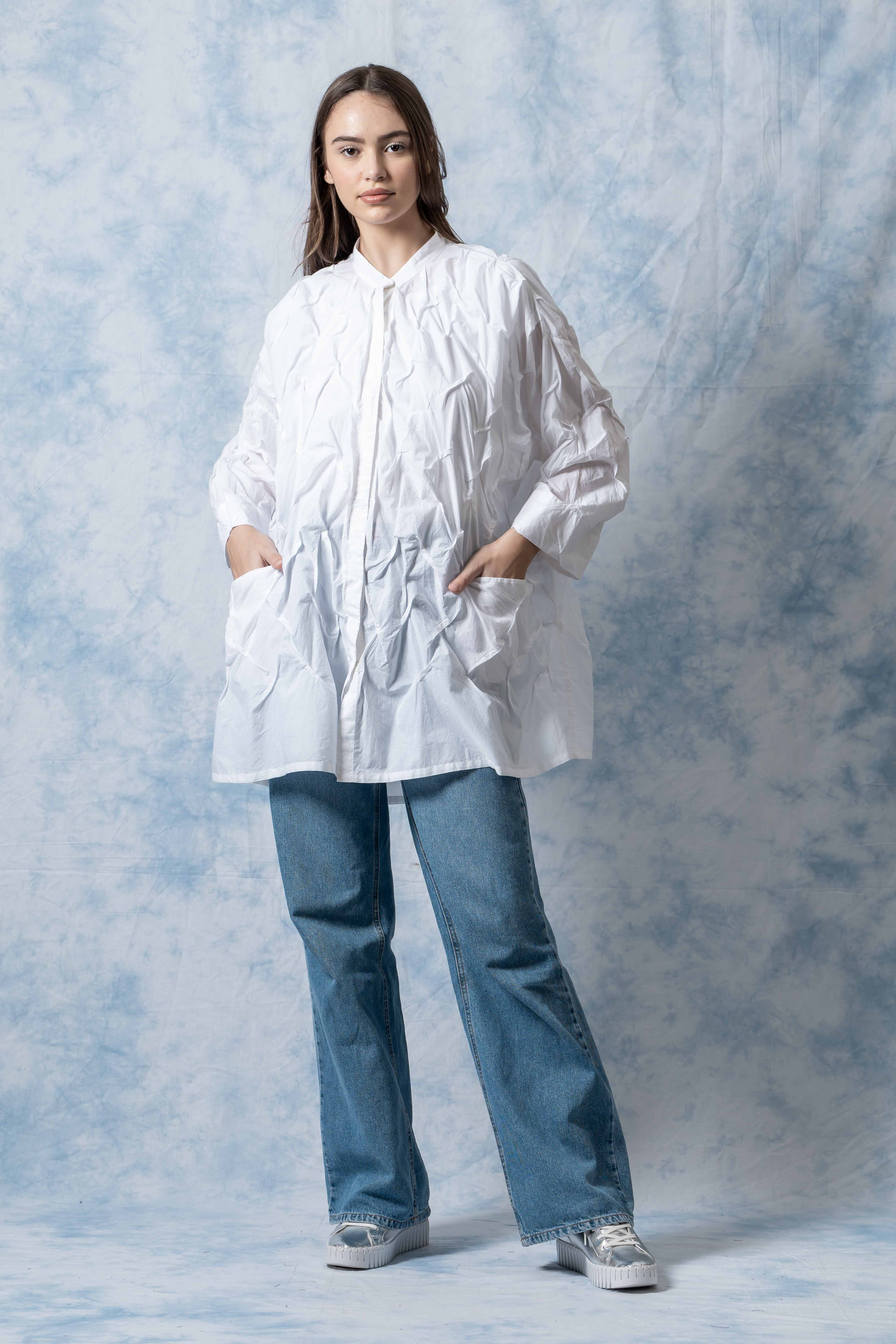 Polished Cotton Wavy Tuck Oversized Shirt