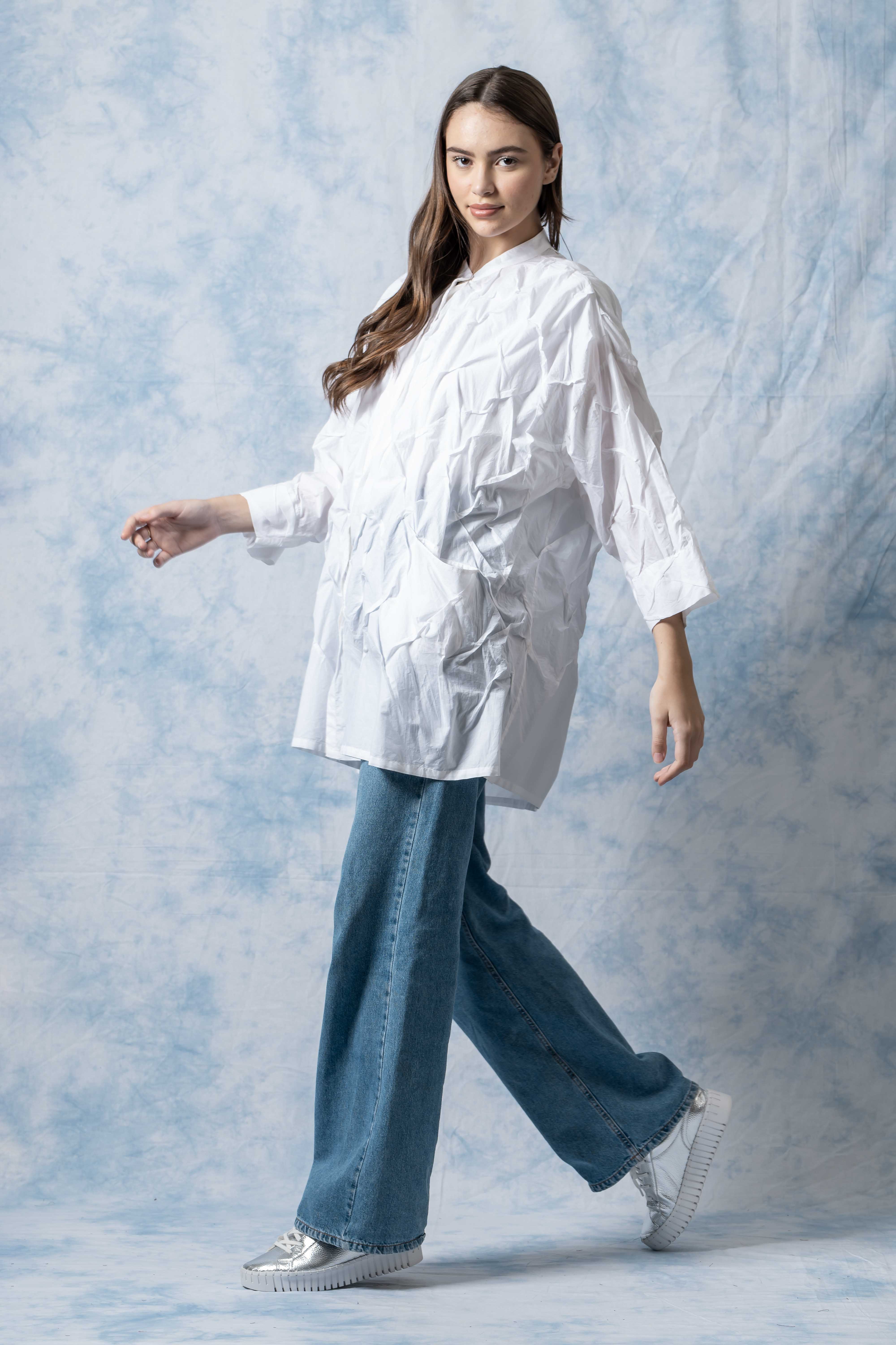 Polished Cotton Wavy Tuck Oversized Shirt