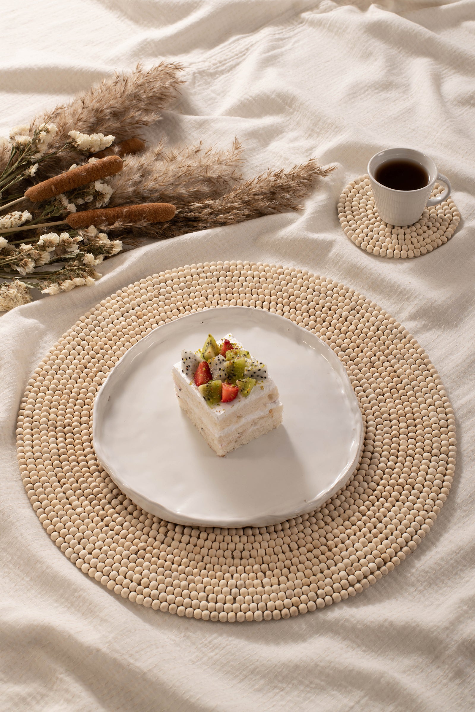 Handmade White Color 14 Inch Wooden Beaded Placemat (Set Of 2)