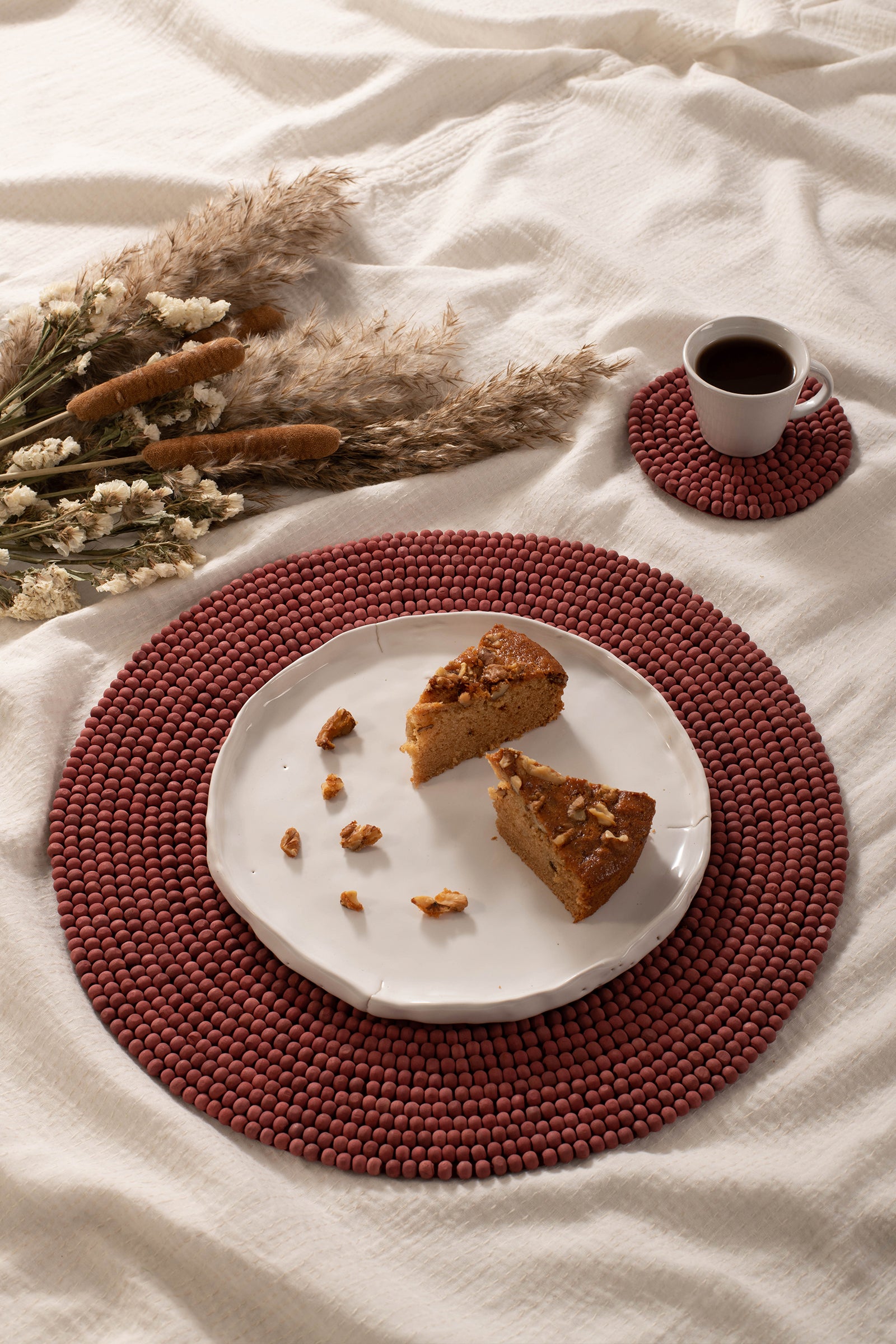 Handmade Red Color 14 Inch Wooden Beaded Placemat (Set Of 2)