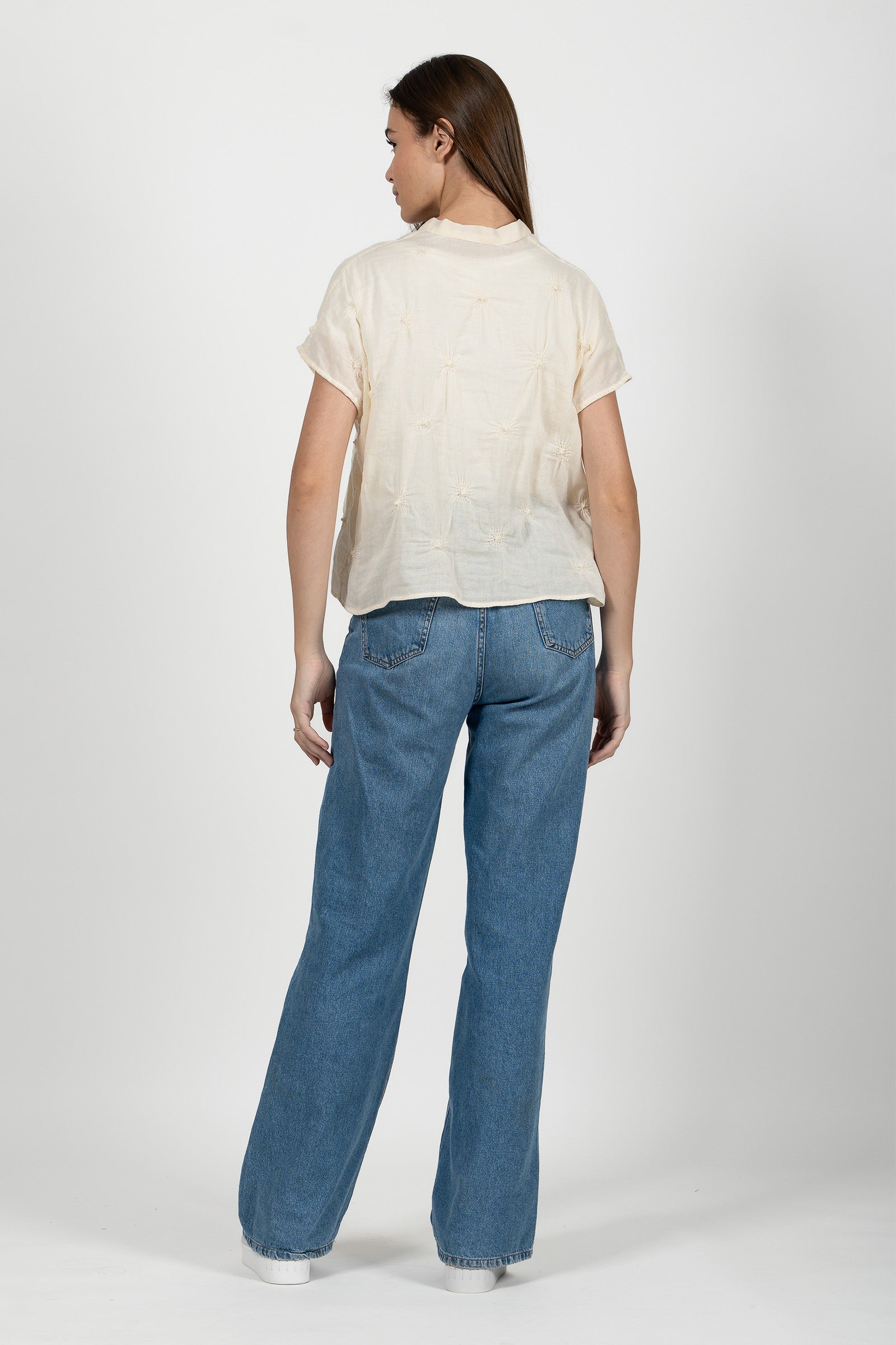 Gauze Shibori Garment V-Neck Binding Collar Top